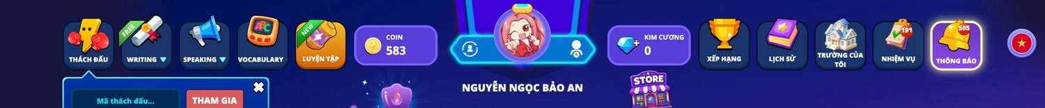 Thanh trạng thái trang chủ học sinh chỉ có Coin và Kim cương