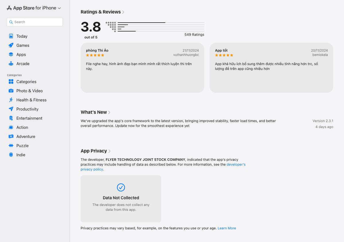 5 — App Store bản 2.3.1, nhãn "Data Not Collected".