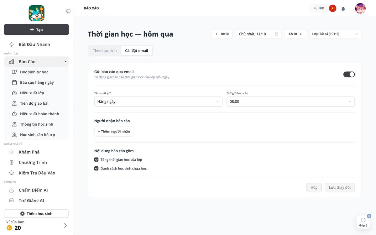 1 — Giờ gửi email báo cáo 08:00.