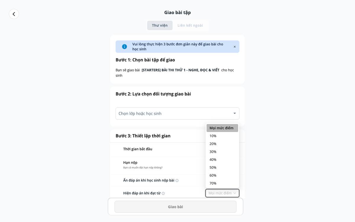 26 — Ngưỡng hiện đáp án 10–100%.