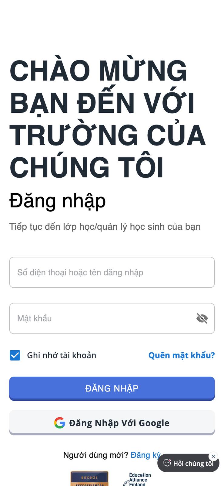 24 — Web phụ huynh đã ghi "tên đăng nhập"; app chưa.
